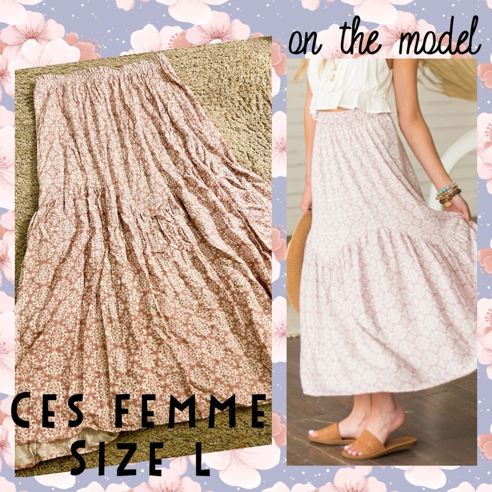Ces Femme Dusty Rose Printed Tiered Woven Maxi Skirt - size L